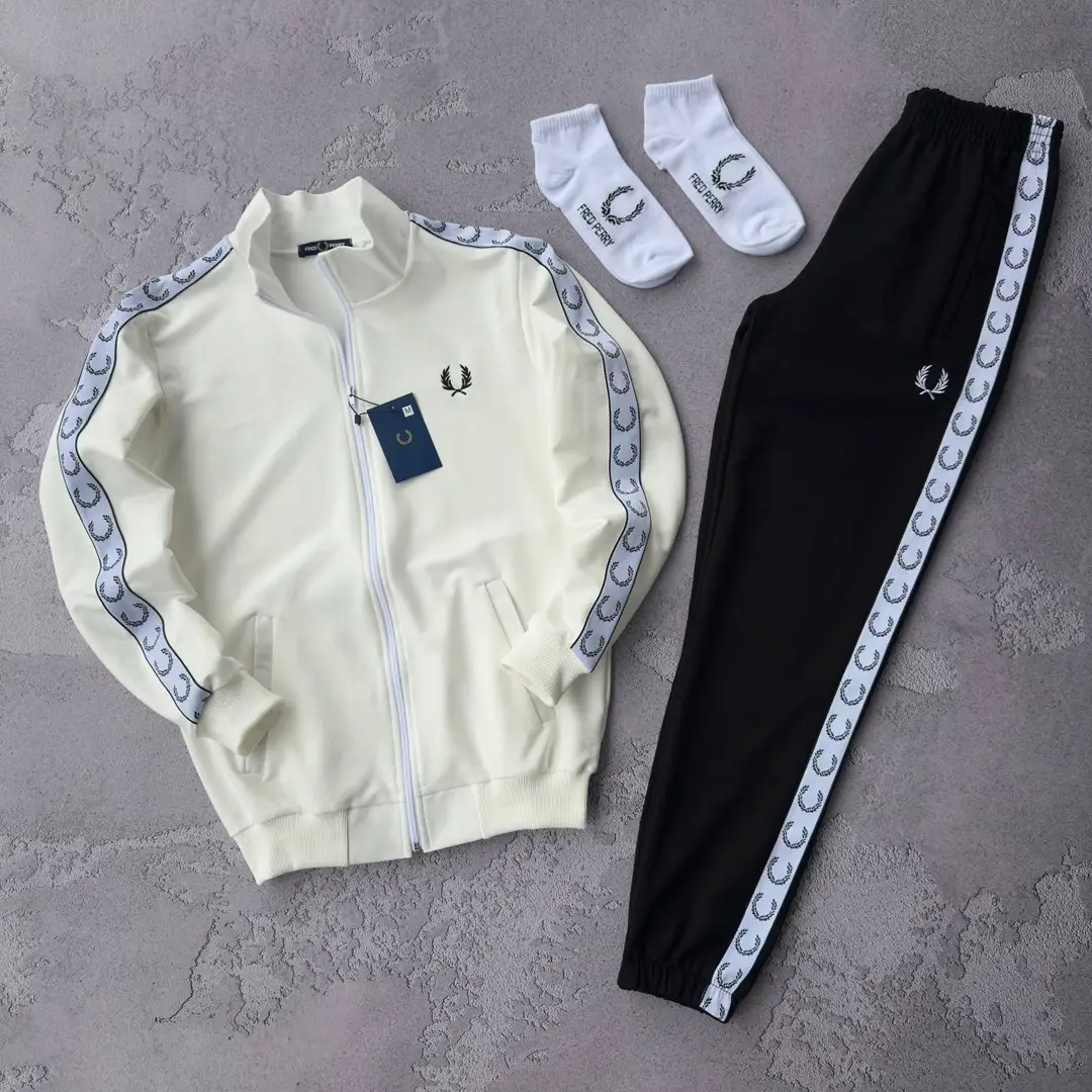 Костюм Fred Perry лампас кофта молочний штани чорні