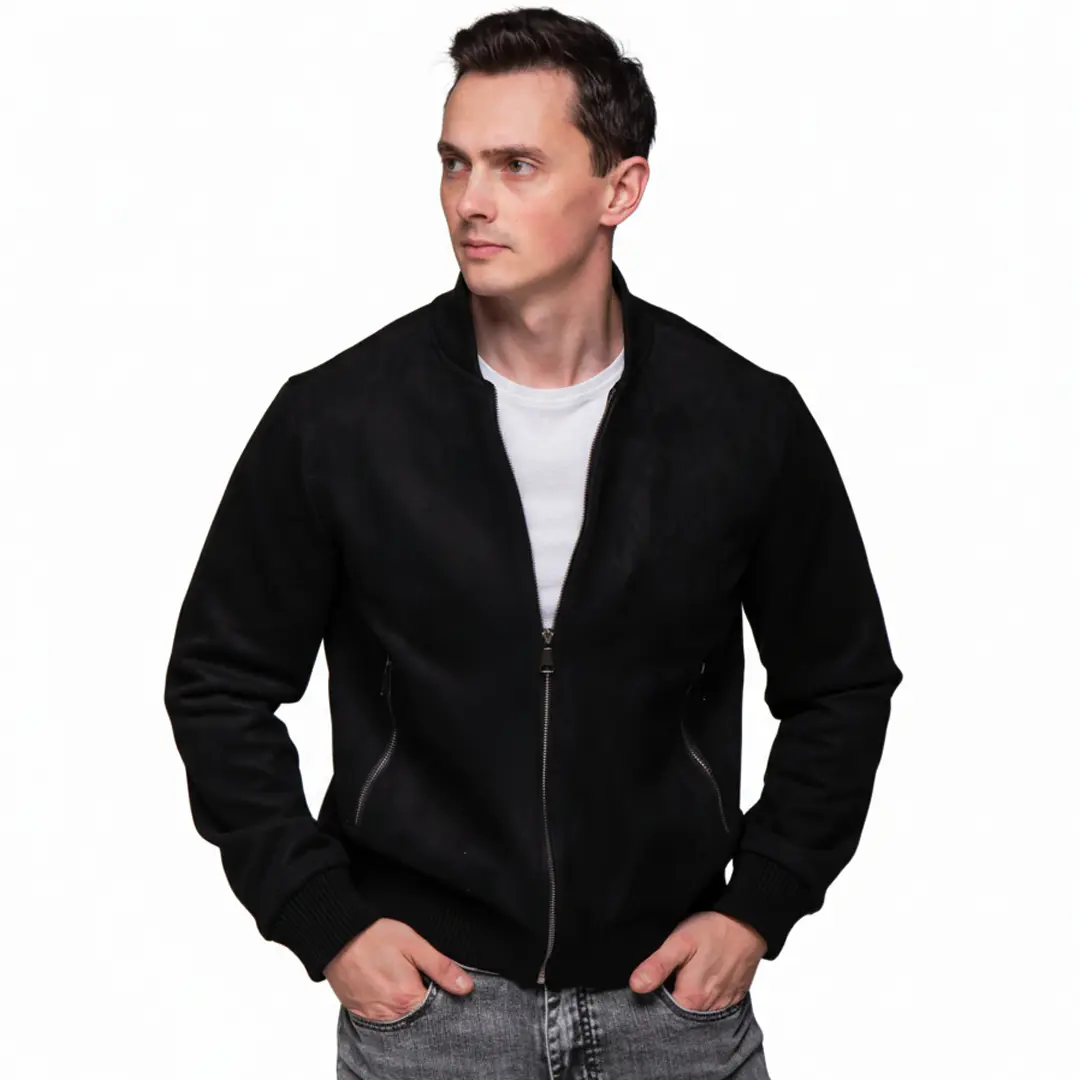 Замшева куртка Trendy комір стійка (чорна)