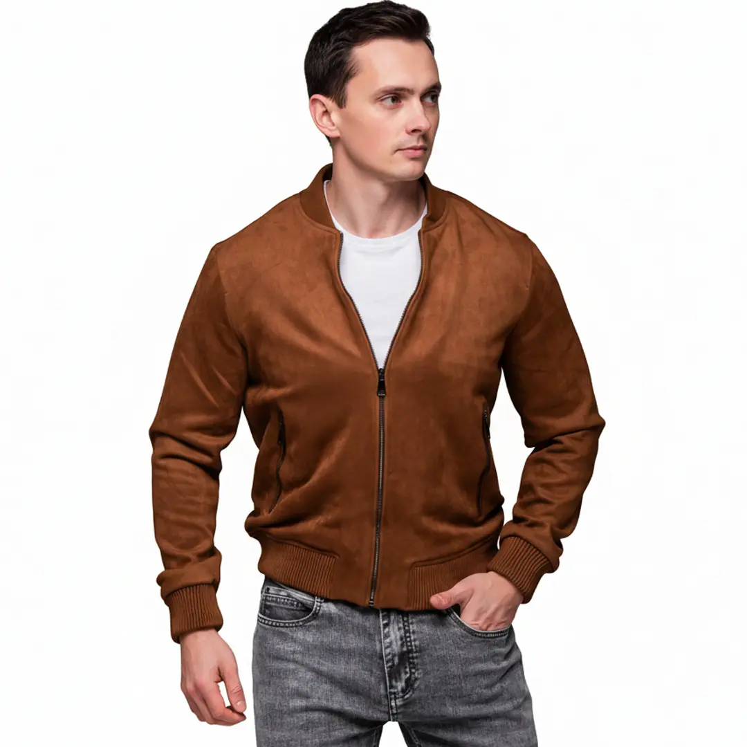 Замшева куртка Trendy комір стійка (коричнева)