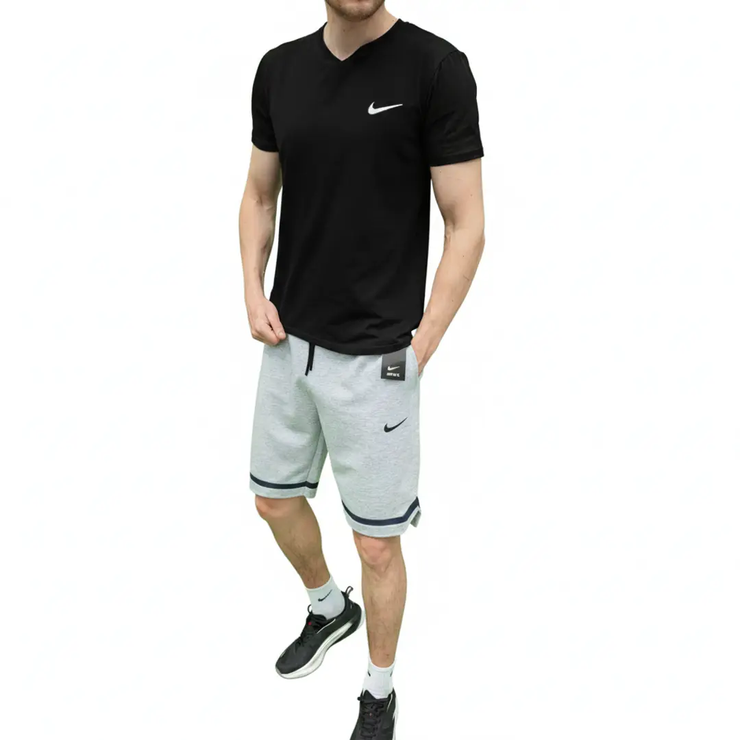 Літній комплект Nike (сірі шорти + чорна футболка)