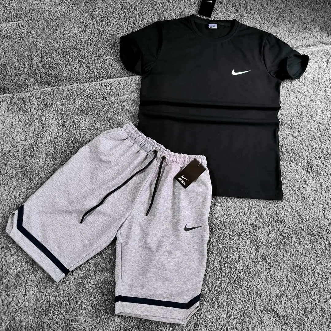 Літній комплект Nike (сірі шорти + чорна футболка)