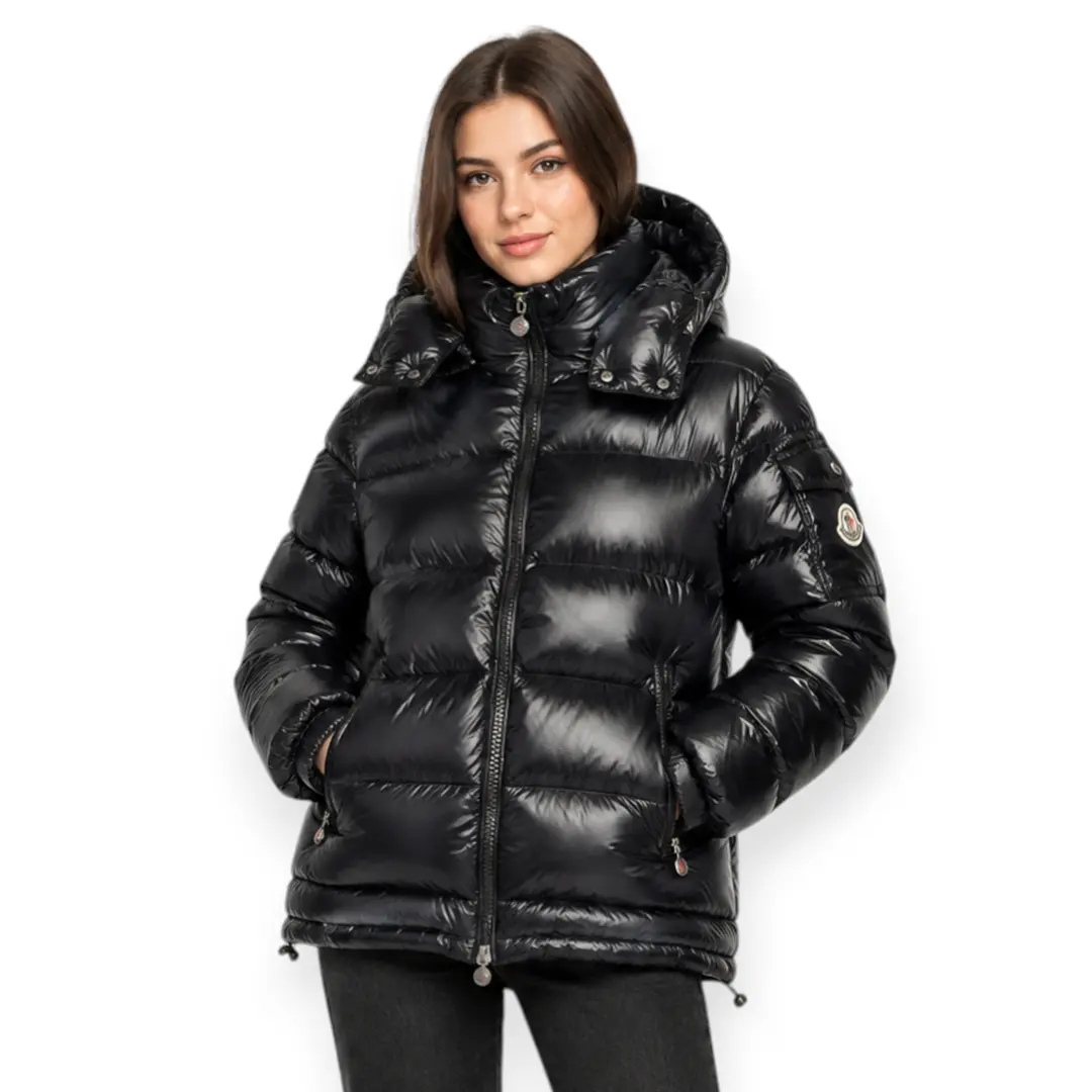 Жіночі зимові куртки Жіночий пуховик Moncler Black Glossy Орхідея Жіночі зимові куртки Жіночий пуховик Moncler Black Glossy Орхідея