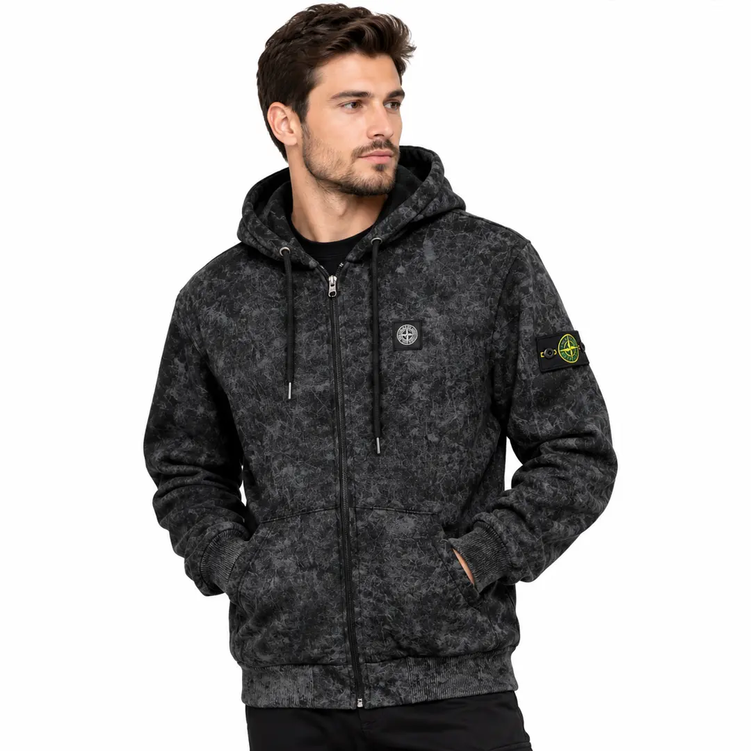 Чоловічі худі Зимова кофта зіп-худі Stone Island чорно-сіра ефект варки (лого нашивка) Орхідея Чоловічі худі Зимова кофта зіп-худі Stone Island чорно-сіра ефект варки (лого нашивка) Орхідея